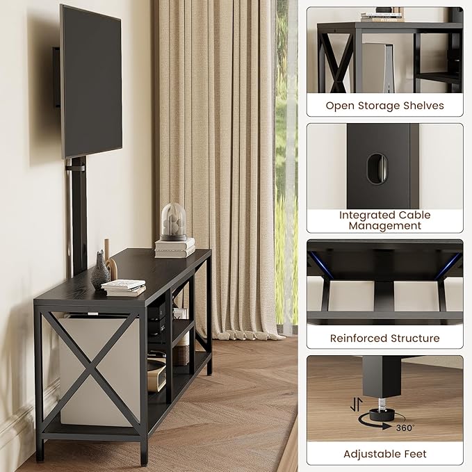 Flycity TV Stand with Mount and LED Lights Universal TV Stand Mount for 32-75 inch TV Entertainment Center with Storage Metal TV Console Table Height Adjustable TV Stands for Living Room Black