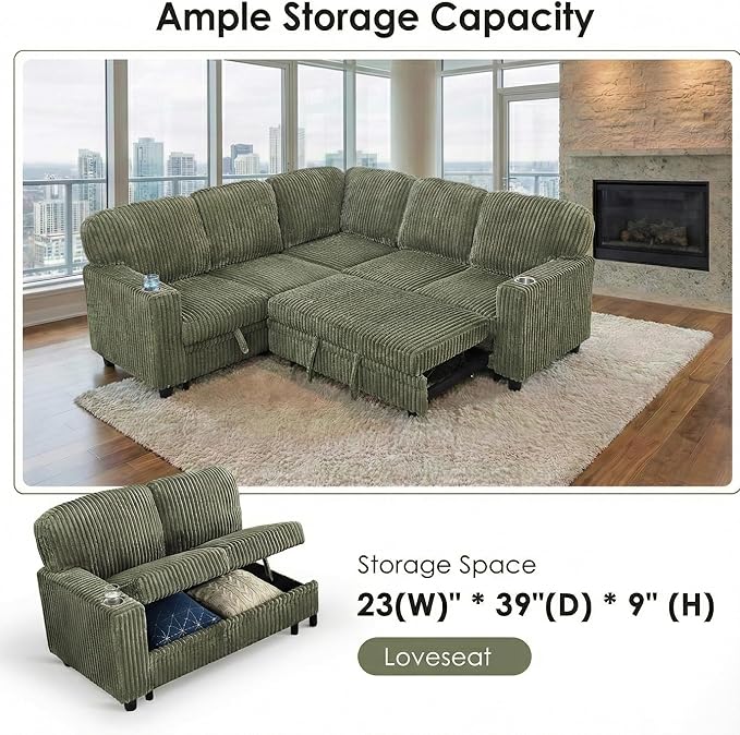 81 Modular Sectional Sofa L Shaped 5-Seater Sleeper Sofa with Pull Out Bed Hidden Storage Cup Holders &amp USB Charging Ports Sectional Couches for Living Room Corduroy Green