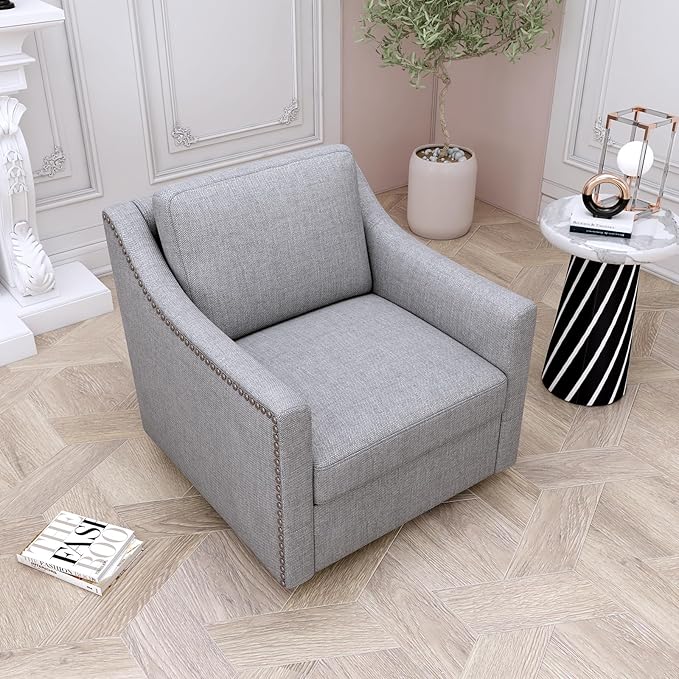 Accent Chair Modern Swivel Velvet Chair Linen Blend Soft Ergonomics Chair Accent Chair Living Room Chair Bedroom Chair Home Chair with Black Legs for Indoor Home Office (Grey)
