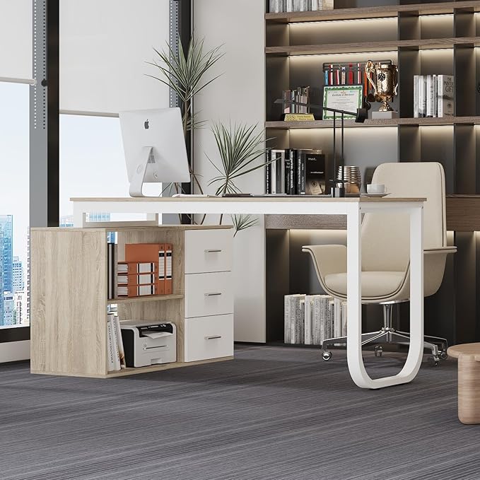 WOODTIME Walnut and White L Shaped Office Desk with 3 Drawers &amp 2 Shelves 55 Inch Reversible Corner Computer Desk Home Office Executive Writing Sturdy Desk with Metal Legs
