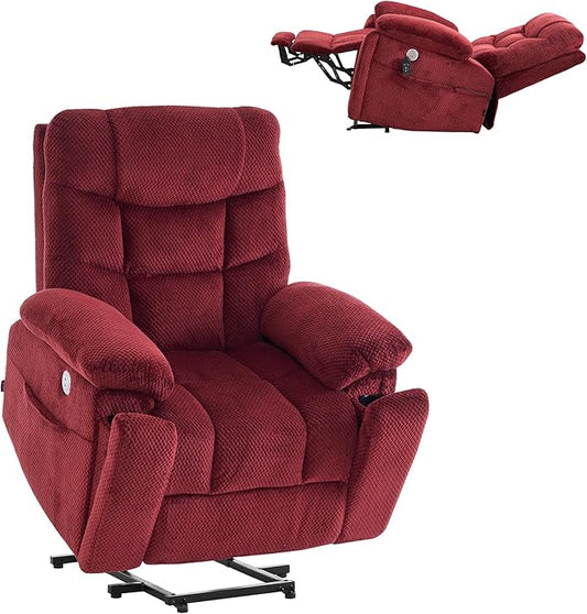 Power Lift Recliner Sofa for Elderly and Big and Tall Dual Motor Oversized Lounge Chair with USB Type C Port and Cupholders Perfect for Bedroom (Red)