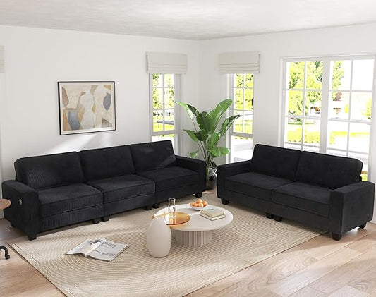 Bonzy Home 2 Pieces Couch Set 3-Seater Couch and Loveseat Sets Modern Corduroy Sofa with Thickened Cushion and USB Type C Dual Charging Ports for Living Room Black