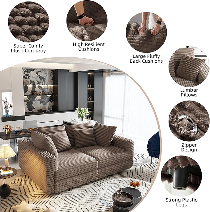 Cloud U Shaped Couch Modular Sectional Sofa 4 Seater Corduroy Cloud Sofa Couch with Ottoman 102.4'' Oversized Chaise Lounge Sleeper Sofas Deep Seat Sectional Couches for Living Room Camel