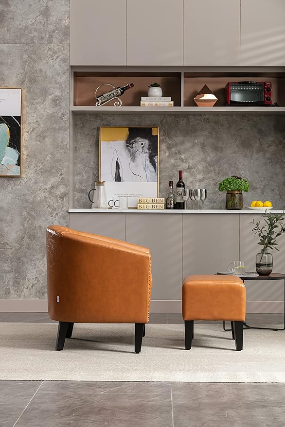 Generic Accent Chair with Ottoman Mid Century Modern Barrel Chair Upholstered Club Tub Round Arms Chair for Living Room Light Brown