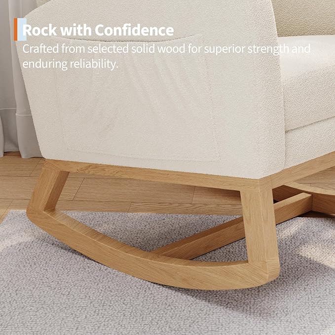 GarveeHome Nursery Rocking Chair with Adjustable Footrest Teddy Fleece Upholstery Sturdy Wooden Legs &amp High Backrest Comfortable Glider Rocking Chair for Living Room or Bedroom White
