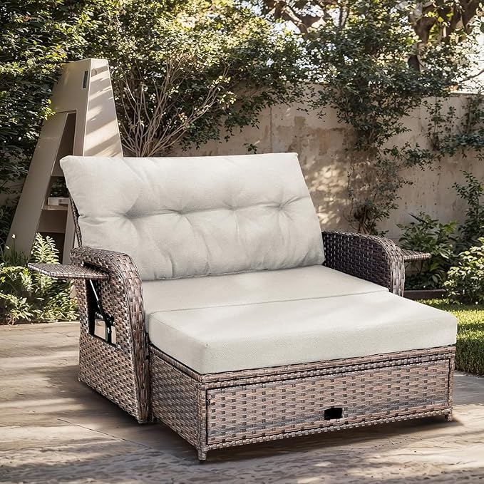 Outdoor Daybed Patio Daybed Wicker Recliner for Two with Multifunctional Recliner and Stowable Side Tray 5 Level Adjustable Backrest (Beige)