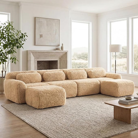 149 Boneless Couches Sectional Modular Sofa Cloud Couch with Double Cushions 4 Seater U-Shaped Sofa Set for Living Room Light Khaki