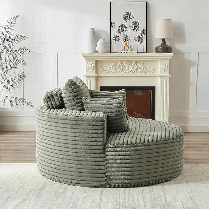 Oversized Round Chaise Lounge Chair Indoor 55W Circle Comfy Armchair with Deep Seat Floor Cloud Boneless Chair Upholstered Modern Cozy Sofa Chairs for Living Room Bedroom(Corduroy Green)
