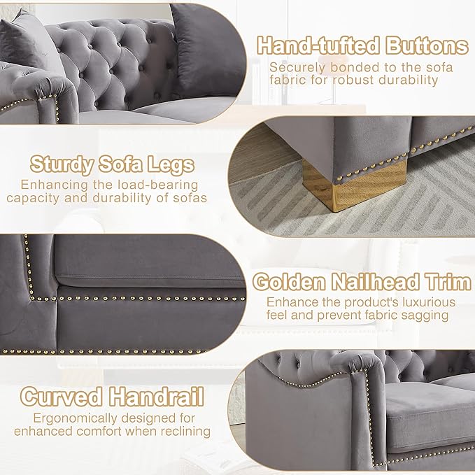 62 Chesterfield Loveseat Grey Velvet Combination Sofa 2 Cushion Classic 6.5 Rolled Arm Modern Couch Suitable for Living Room