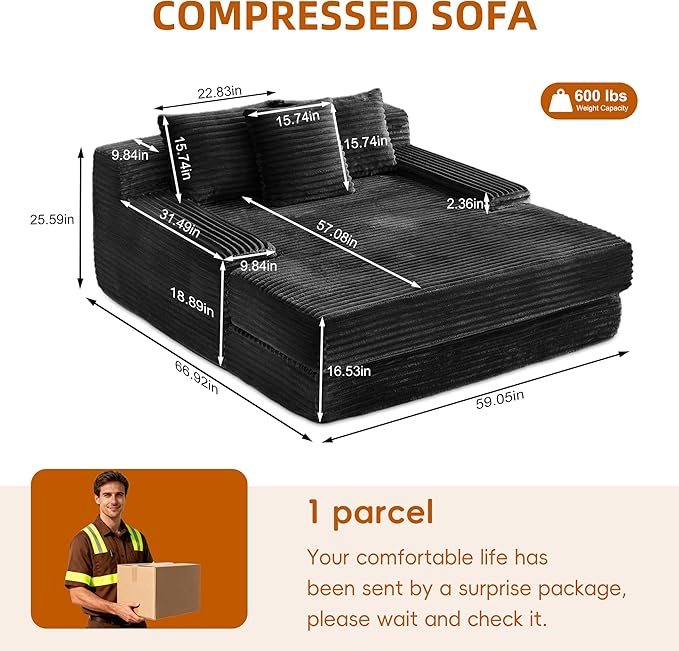 67 Oversized Chaise Lounge Indoor Corduroy Upholstered Sofa Bed Boneless Deep Seat Sleeper Couch Cloud Reading Chair for Living Room Apartment No Assembly Required(Black) (Black)