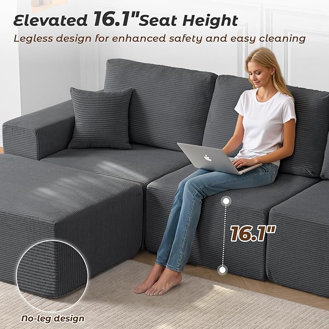 Modular Sectional Couch Modern 108 L Shaped Boneless Cloud Couch with Deep Seat Sectional Sofa for Living Room Bedroom Apartments Dorms No Assembly Required Dark Grey