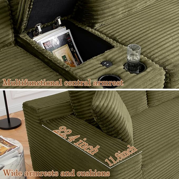 125 Oversized U-Shaped Cloud Sectional Couch 6-Seater Modular Sectional Sofa with USB Ports/Storge Console/Cup Holder Modern Deep Seat Corduroy Boneless Couch for Living Room No AssemblyGreen