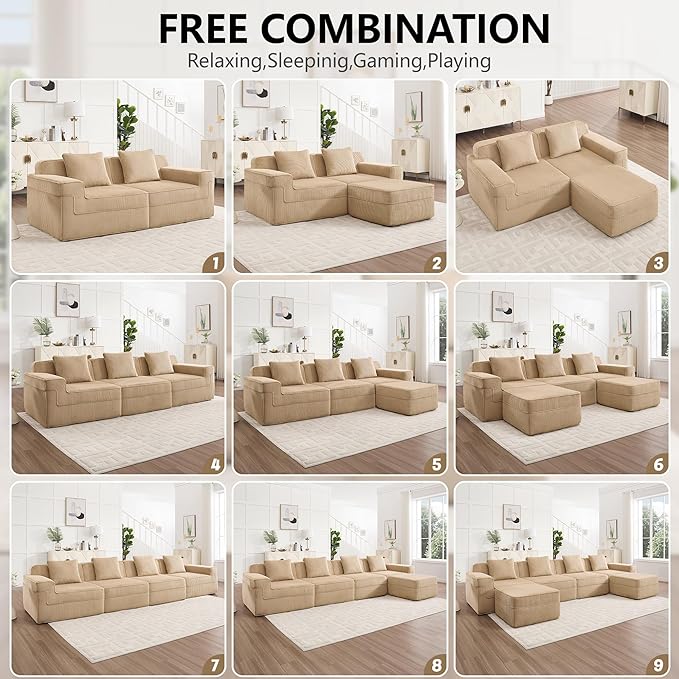 4 Seater L Shape Sectional Boneless Sofa117.3 Cloud Sectional Couch with Deep Seat No Assembly Required Throw Pillows and 1 Movable Ottoman Corduroy Fabric Camel