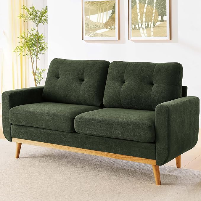 68“ Mid Century Modern Loveseat Sofa for Small Living Room Rraditional 2 Seater Couch for Office Apartment Bedroom Mini|Small|Vintage|Wood Frame|Chenille Fabric|600 LBS|Tufted (Saga Green)