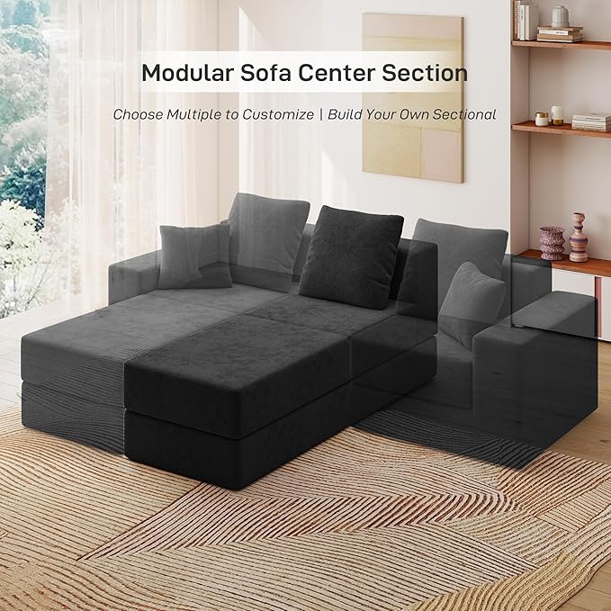 Living&ampGiving Cloud Sectional Couch for Living Room Modular Boneless Couch with 1 Ottoman Middle-seat Can Be Combined with Modular Sofa Customizable Layout for Any Space Black