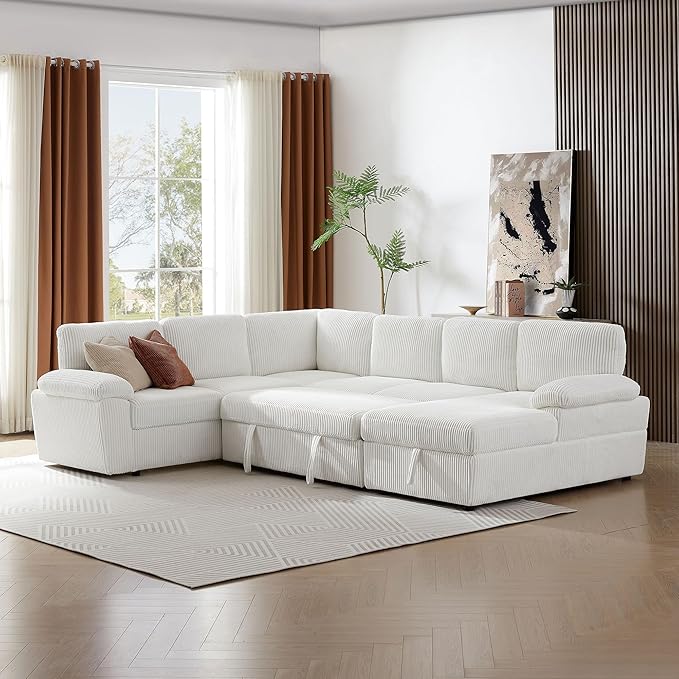 KEIKI 118 L-Shaped Oversized Modular Corduroy Sectional Sofa with Right Chaise Lounge Pull-Out Bed Upholstered Convertible 4-Seater Couch with Storage Seat Easy Assembly for Living Room Beige