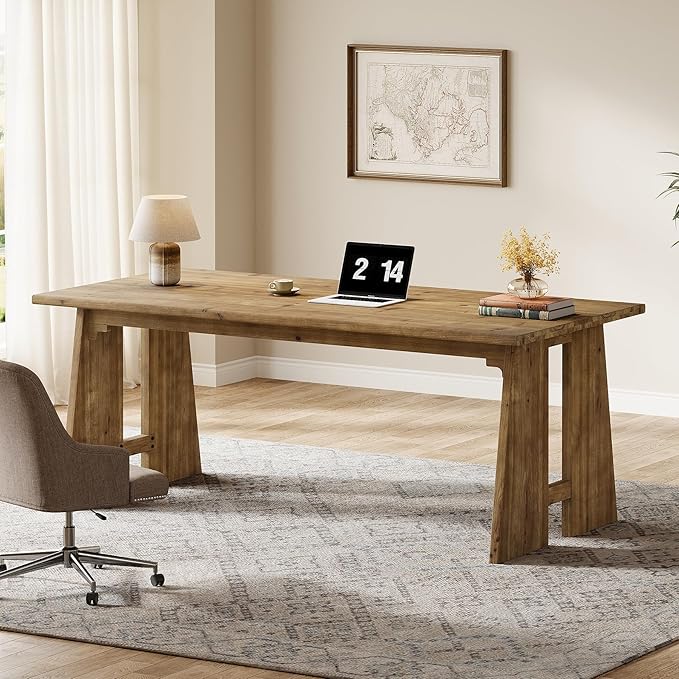 Solid Wood Executive Desk 70.9-Inch Long Office Computer Desk with Sturdy Wooden Legs Farmhouse Workstation for Home Office Rectangular Conference Table for Meeting Room (Brown)