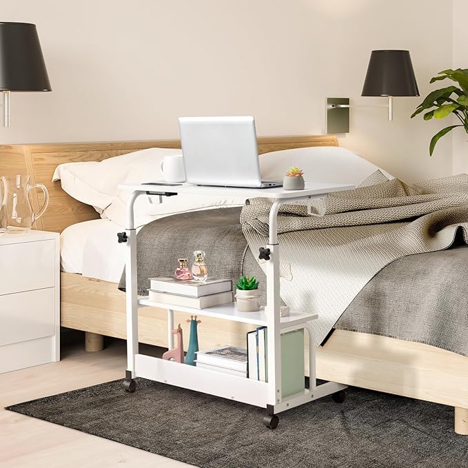 Wooden Adjustable Height Portable Laptop DeskMobile Rolling Computer DeskSofa Bedside Laptop TableHome Office Laptop Workstationwith Power Outletsfor Small Spaces Bedroom Apartment (White)