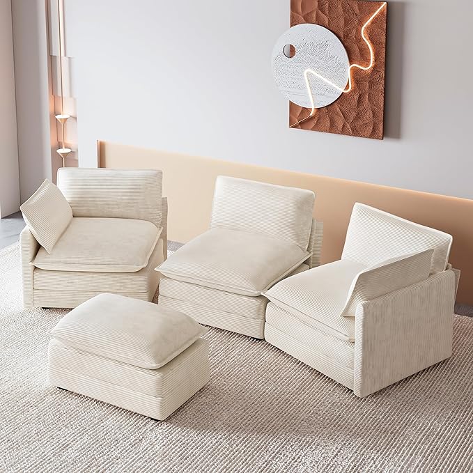 ROWHY 112'' Oversized Modular Sectional Cloud Couch with Movable Ottoman 4 Seat Modern Corduroy Sofa Deep Seat L Shaped Couch for Living Room Bedroom Apartment Cream