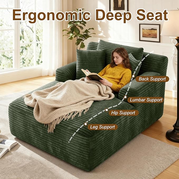 Avenix 66 Oversized Boneless Chaise Lounge Chair IndoorCorduroy Comfy Oversized Reading Chair Boneless Couch Bed ChairNo Assembly RequiredGreen