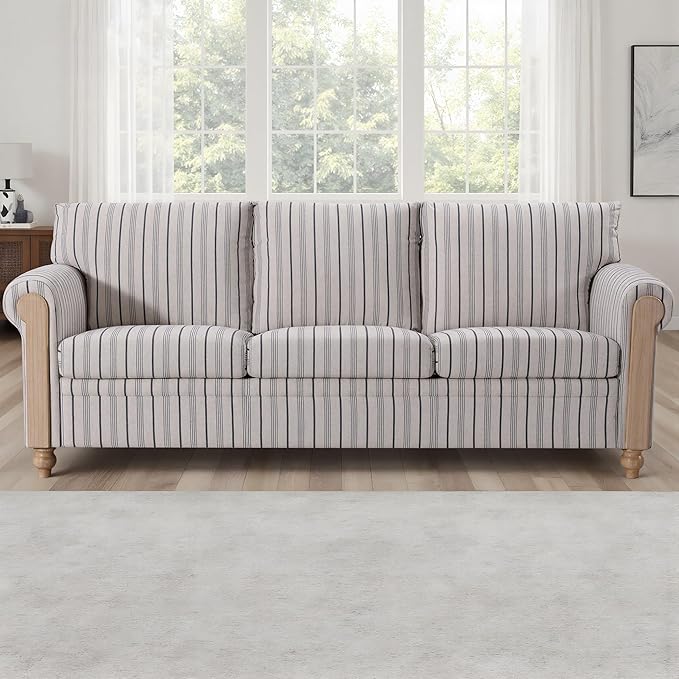 3 Seater CouchFarmhouse Sofa with Solid Wood Frame and Rolled ArmrestsDeep Seat Couch with Plush Cushions in Durable Stripe Fabric for Living RoomBedroom and Office.(3 Seater Couch)