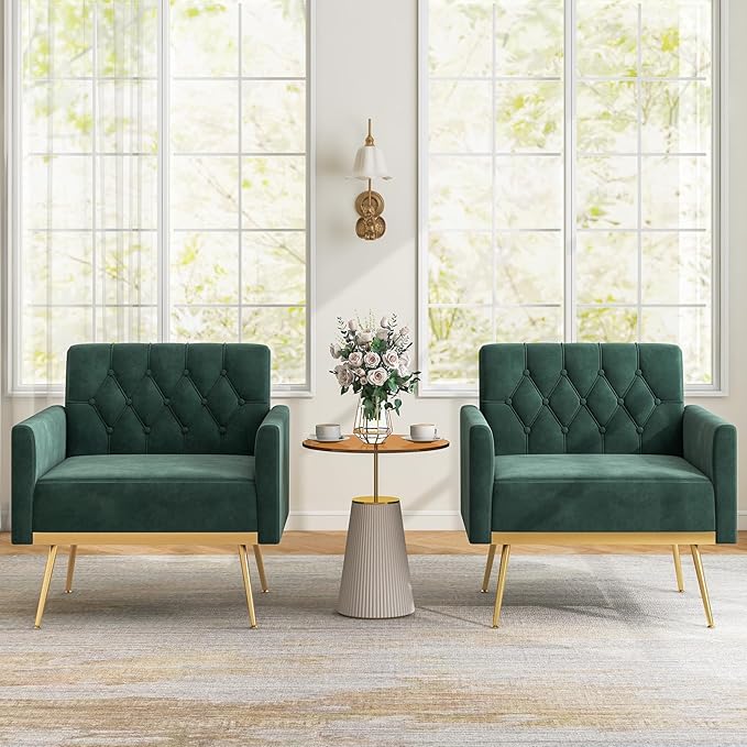 Giantex Modern Velvet Accent Chair - Mid-Century Upholstered Single Sofa Chair w/Button Tufted Back Golden Metal Legs Adjustable Foot Pads Comfy Living Room Armchair for Bedroom Dark Green