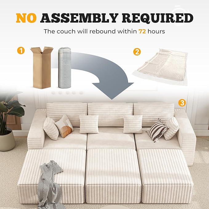 113 Modular Sectional Sofa Bed Convertible Cloud Couches for Living Room with Ottoman 6 Seater Corduroy Boneless Couch Sleeper Sofa Set No Assembly Required Beige 1 PCS