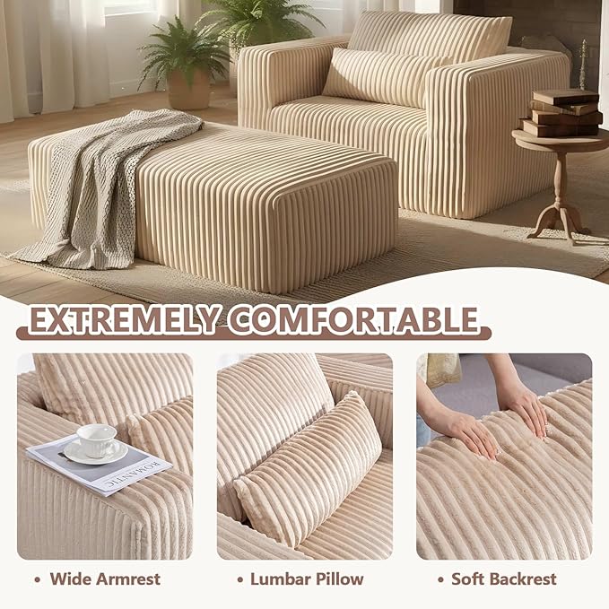 51 Oversize Chair &amp Boneless Chair with Ottoman Single Sofa with Ottoman for Living RoomOverstuffeds Chairs &amp Corduroy Chairs with Pillow and Wide Armret Memory Foam No Assembly (Beige)