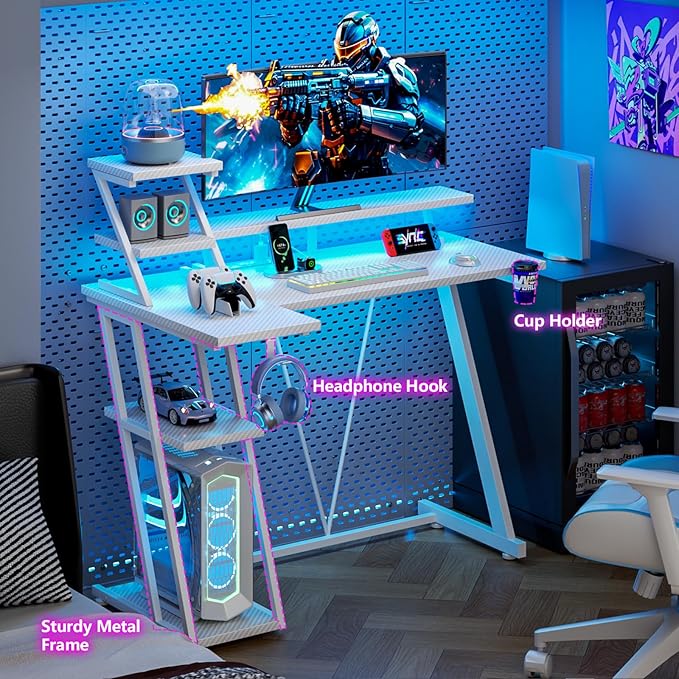 40 Inch White Gaming Desk with LED Lights &amp Power Outlet Small Gaming Computer Desk with Storage Shelves L Shaped Gamer Workstations with Monitor Stand for Bedroom