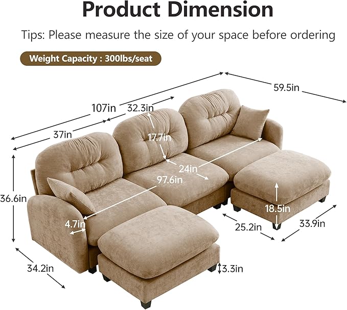 107 U Shaped CouchModular Sectional Sofa 3-Seater Comfy Cloud Couch with 2 Movable Ottomans Chenille Deep Seat for Living Room Office (Camel)
