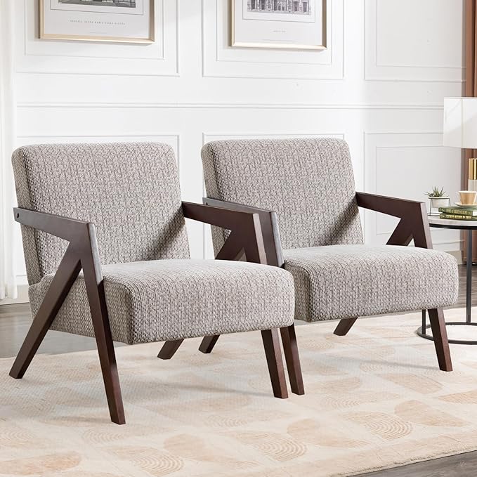 Bonzy Home Mid-Century Modern Accent Chair Set of 2 with Wood Frame Upholstered Armchair for Bedroom &amp Living Room Linen Fabric Cushion Z-Shaped Armrest Design Sturdy Lounge Chair