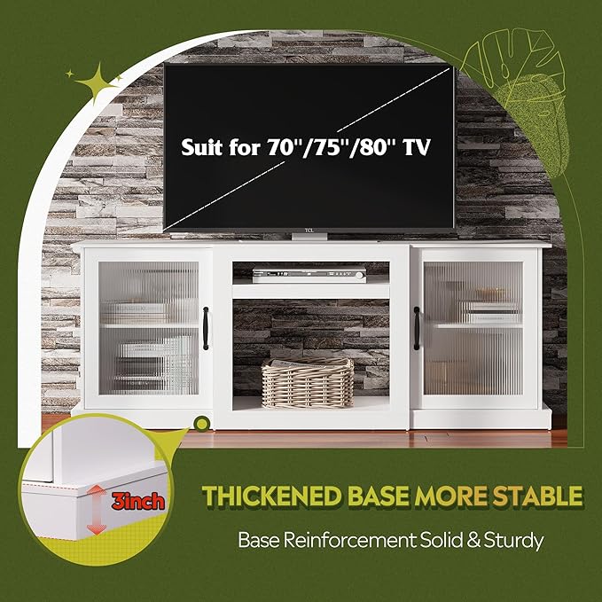 WLIVE Farmhouse TV Stand for 75 inch TV Entertainment Center with Storage Cabinets Mid Century Modern TV Console for Living Room Bedroom White