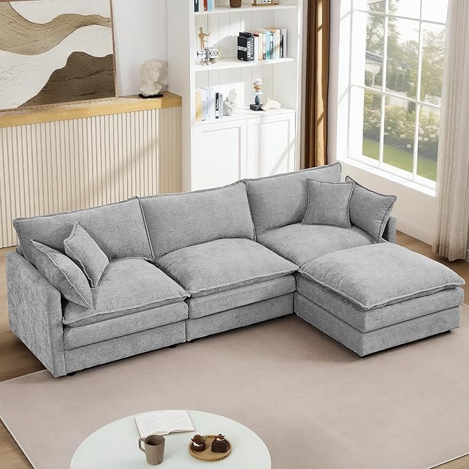 GNIXUU 102 Modular Sectional Sofa L Shaped Cloud Couch with Movable Ottoman &amp 4 Pillows Deep Seat Chenille 4 Seater Sectional Couches for Living Room Apartment (Grey)
