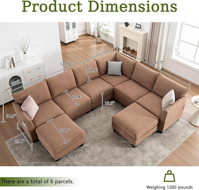 122.8 Large Sectional Couches for Living Room 6 Seater L Shaped Modular Sectional Sofa with Two Storage Ottomans &amp USB Oversized Corner Couch for Living Room（Brown）
