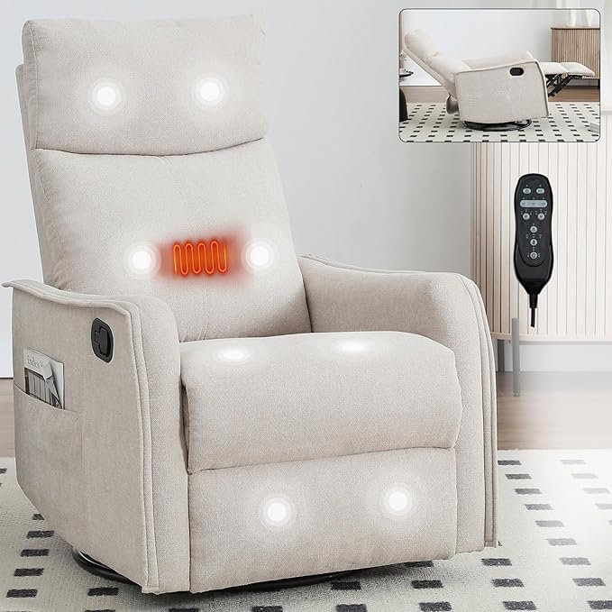 Heated Massage Recliner Chairs for Adults Swivel Rocking Chair Recliner with High Back Small Recliner Chair for Small Spaces Manual Lazy Boy Recliners for Living Room Pockets Fabric (Beige)
