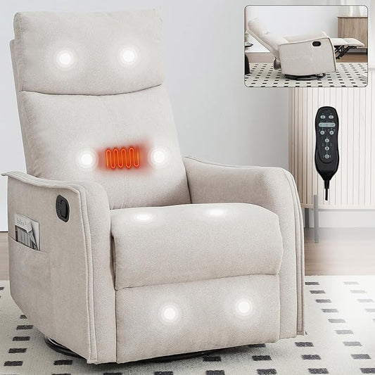 Heated Massage Recliner Chairs for Adults Swivel Rocking Chair Recliner with High Back Small Recliner Chair for Small Spaces Manual Lazy Boy Recliners for Living Room Pockets Fabric (Beige)