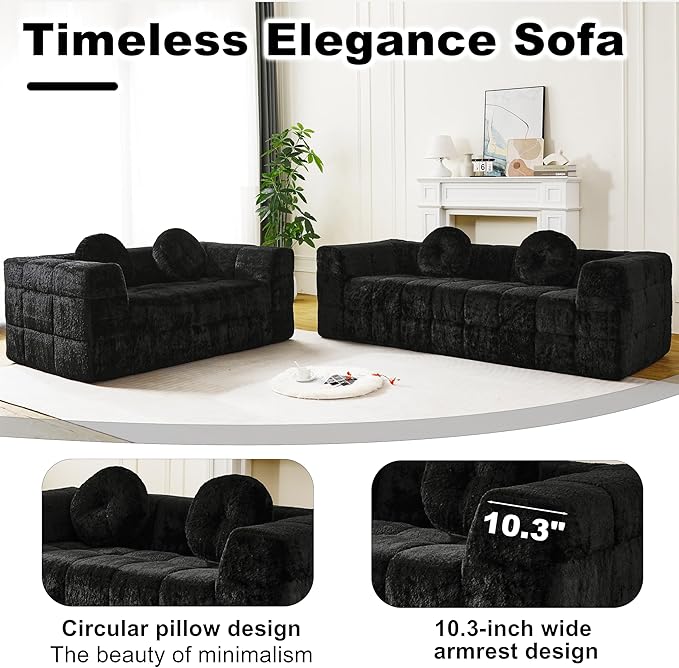 2 Piece Modern Boneless 86 3 Seater + 66 Loveseat Sofa with Two Throw Pillows Lychee-textured Long-pile Polyester Fabric Checkered Fabric Design Foam Couch (Black 3-Seater+Loveseat Sofa)