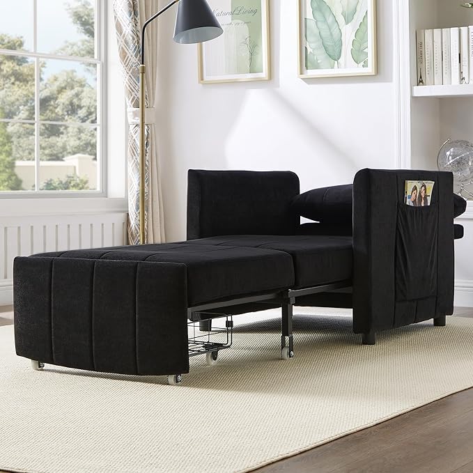 Pull Out Sofa Bed for Living Room 31.5 Upholstered Convertible Sleeper Sofa 3-in-1 Convertible Sleeper Chair with 5-Position Adjustable Backrest Side Pockets and a Storage Basket (Black/352)