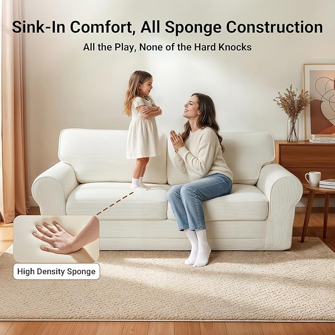 83 Corduroy Loveseat Sofa for Living Room Boneless Sofa with Wide Rounded Armrest Deep Cushioned Couch with Lock-Stitched Edges Skin-Friendly Cloud Couch White