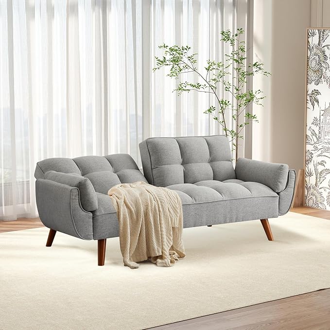 75 Convertible Futon Sofa Bed Sleeper Couch Bed with Adjustable Backrest Small Couches for Small Spaces Living Room Bedroom and Office (Gray)