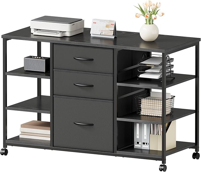 Mobile File CabinetLateral Filing Cabinet with 3 Fabric DrawersRolling Printer Stand with 4 Open Storage Shelf for Home OfficeBlack