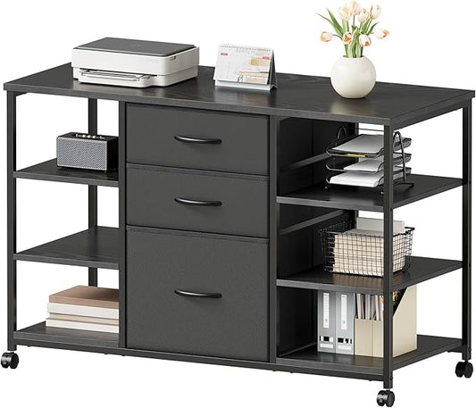 Mobile File CabinetLateral Filing Cabinet with 3 Fabric DrawersRolling Printer Stand with 4 Open Storage Shelf for Home OfficeBlack
