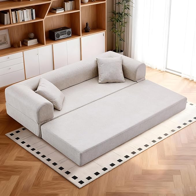 4-in-1 Folding Convertible Sofa Bed 78 Inch Faux Leather Boneless Couch Loveseat Sleeper with Pull Out Bed Floor Sofa Modular Futon Teddy Sofa for Living Room Bedroom Lounge Beige