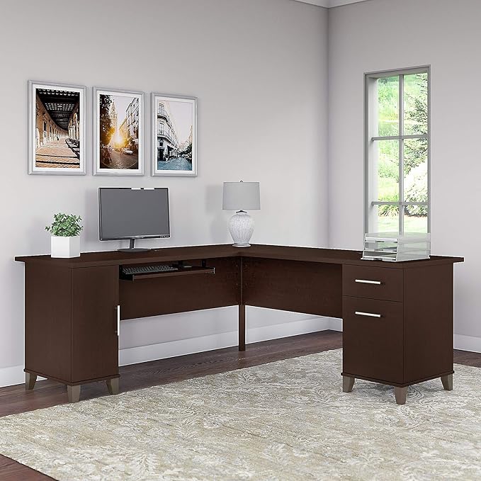 Bush Furniture Somerset 72W L Shaped Desk with Storage in Mocha Cherry 72-inch Large Corner Computer Table for Home Office Workspace