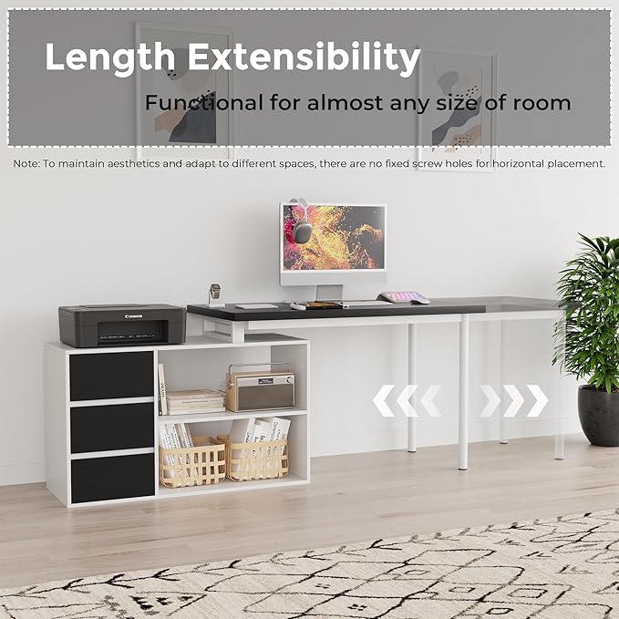 L Shape Small Desk - Computer Corner Desk with 3 Drawers and 2 Shelves 53 inch Home Office Table with Storage Cabinet for Gaming Writing Study White+Black