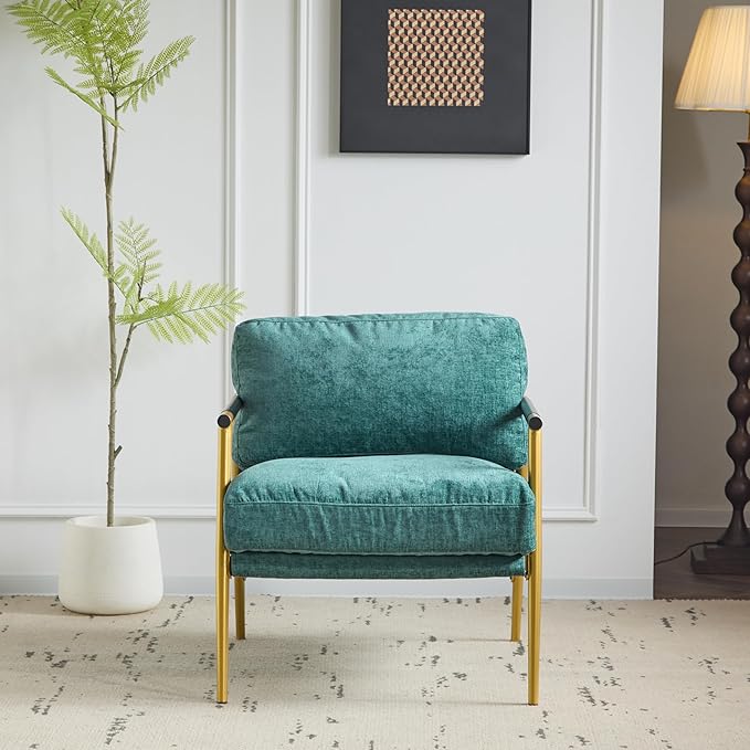 Merax Modern Accent Chair with Plush Cushions and Wooden Armrest Design Living Room Accent Chair with Metal Frame for Living Room Bedroom or Office Seating Easy Assembly Teal Blue+Gold