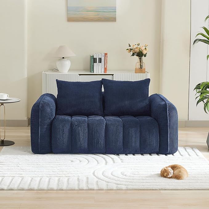 66'' Boneless Corduroy Loveseat Sofa 2 Seater Tufted Deep Seat Couch with Rounded Armrest Upholstered Cloud Couch for Living Room Bedroom No Assembly Navy