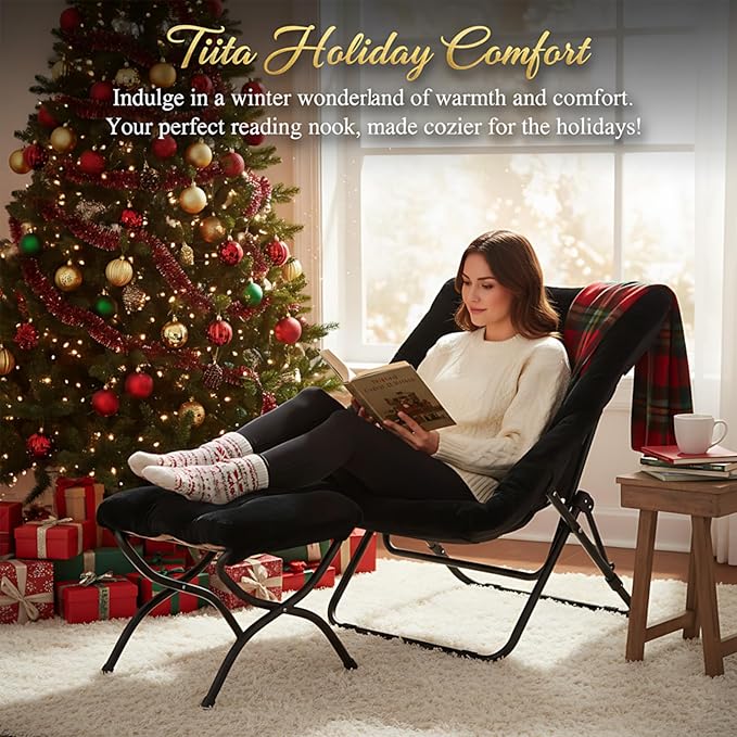 Tiita Folded Chair with Ottoman Soft Faux Fur Oversized Folding Accent ChairLazy Chair Metal Frame Moon Chair for Bedroom Living Room Dorm Rooms Garden and Courtyard
