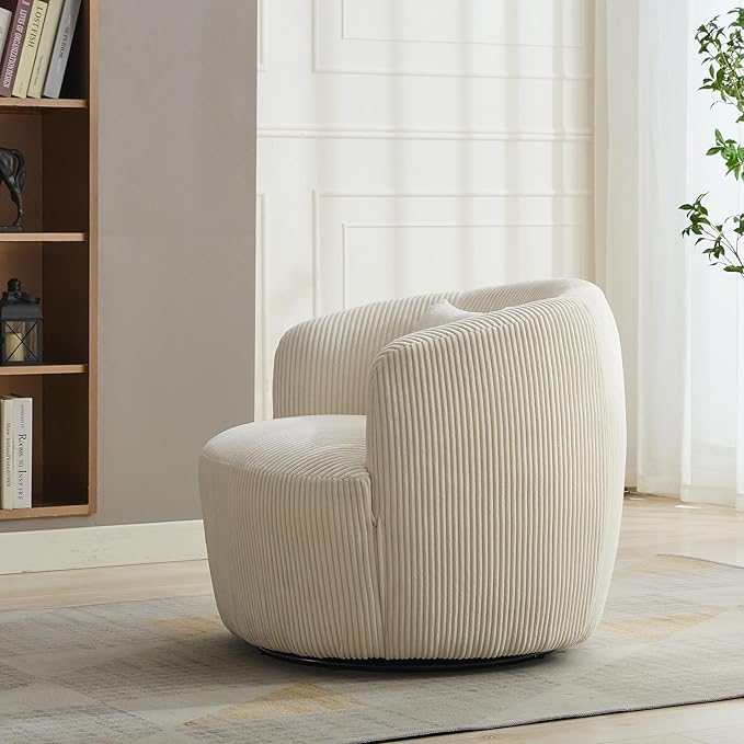 360° Swivel Barrel Soft Chair with Pillow - Upholstered Corduroy on Metal Base for Club/Living Room/Bedroom/Office/Reading Armchair 34.25 Wide Ivory