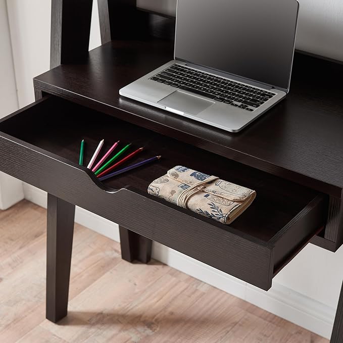Ladder Desk Home Office Study Desk with Drawer and Two Shelves in Red Cocoa